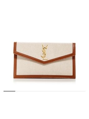 Saint Laurent Uptown Clutch Beige Canvas Tan Leather YSL $730-authentic